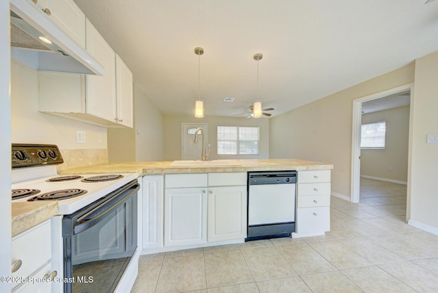 663 Bacon St, Cocoa, FL 32926 - kitchen with white appliances, a sink, under cabinet range hood, a peninsula, and light tile patterned floors