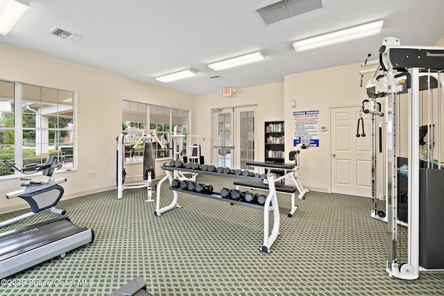 3848 Lexmark Ln Unit 307, Rockledge, FL 32955 - gym featuring carpet floors, baseboards, and french doors