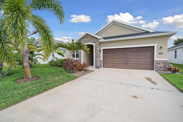 1662 Orsi Pl, West Melbourne, FL 32904 - single story home with stone siding, stucco siding, a garage, driveway, and a front lawn