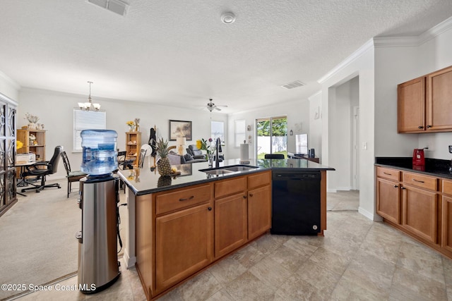 1662 Orsi Pl, West Melbourne, FL 32904 - kitchen with dishwasher, a sink, dark countertops, ornamental molding, and a center island with sink
