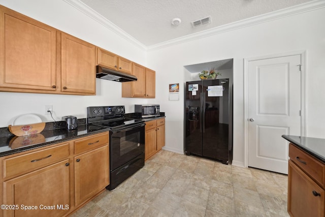 1662 Orsi Pl, West Melbourne, FL 32904 - kitchen featuring black appliances, under cabinet range hood, ornamental molding, dark stone counters, and brown cabinets