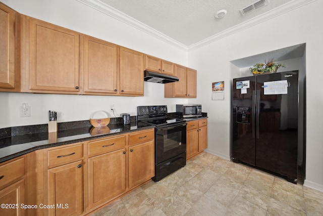 1662 Orsi Pl, West Melbourne, FL 32904 - kitchen with black appliances, ornamental molding, under cabinet range hood, and brown cabinetry