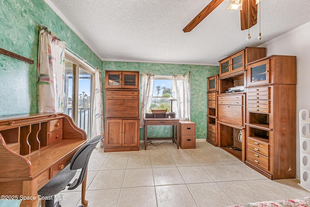 3165 N Atlantic Ave Unit C206, Cocoa Beach, FL 32931 - office space with wallpapered walls, a ceiling fan, a textured ceiling, light tile patterned floors, and crown molding