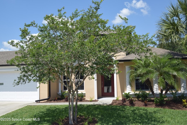 obstructed view of property featuring an attached garage, concrete driveway, a front lawn, and stucco siding