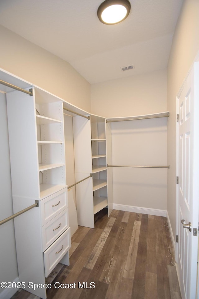 spacious closet with dark wood finished floors