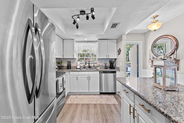 261 Cape Shores Cir Unit 18-E, Cape Canaveral, FL 32920 - kitchen featuring stainless steel appliances, a sink, light wood-style flooring, a tray ceiling, and light stone countertops