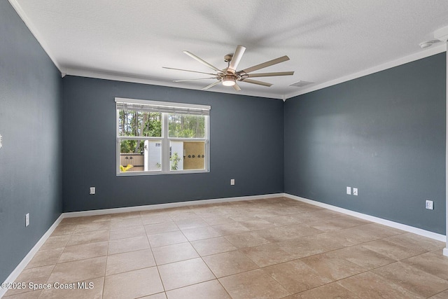 unfurnished room with ceiling fan, a textured ceiling, baseboards, and crown molding