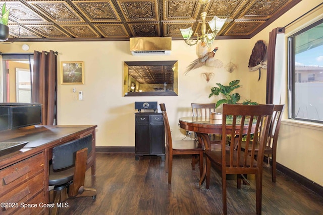 326 Pierce Ave, Cape Canaveral, FL 32920 - dining room with dark wood finished floors, an ornate ceiling, baseboards, a wall unit AC, and a desk