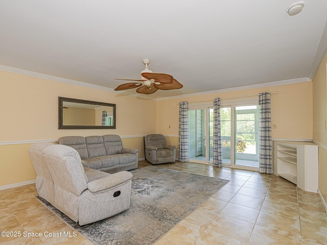 5720 Marina Dr Unit 2, Sebastian, FL 32958 - living room with ornamental molding, ceiling fan, baseboards, and light tile patterned flooring