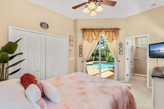 bedroom featuring access to exterior, a closet, baseboards, light carpet, and ensuite bathroom