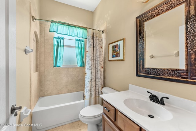 bathroom with toilet, vanity, shower / bathtub combination with curtain, and tile patterned flooring