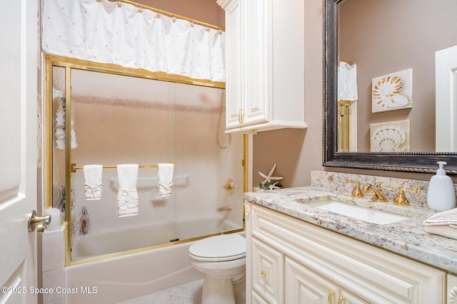 1863 Freedom Dr, Melbourne, FL 32940 - full bathroom with shower / bath combination with curtain, vanity, toilet, and tile patterned flooring