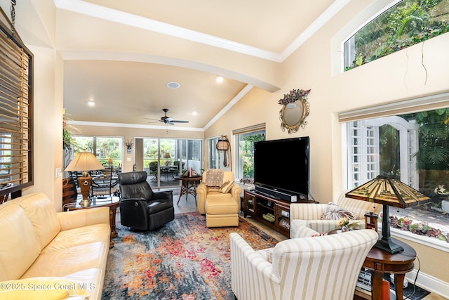 1863 Freedom Dr, Melbourne, FL 32940 - living room with vaulted ceiling, ceiling fan, arched walkways, crown molding, and recessed lighting