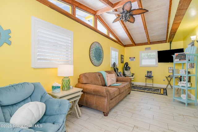 303 Winslow Cir, Cocoa Beach, FL 32931 - living area featuring a ceiling fan, baseboards, wood finished floors, and wood ceiling