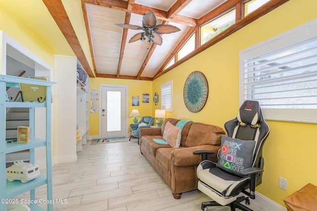 303 Winslow Cir, Cocoa Beach, FL 32931 - living area featuring a ceiling fan, wooden ceiling, baseboards, stairs, and light wood-style floors
