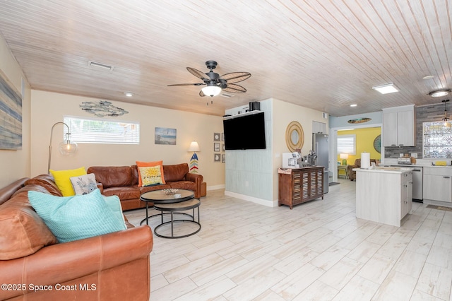 303 Winslow Cir, Cocoa Beach, FL 32931 - living room with healthy amount of natural light, a ceiling fan, baseboards, light wood-style flooring, and wooden ceiling