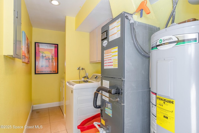 303 Winslow Cir, Cocoa Beach, FL 32931 - laundry area with washer / clothes dryer, water heater, light tile patterned flooring, baseboards, and heating unit