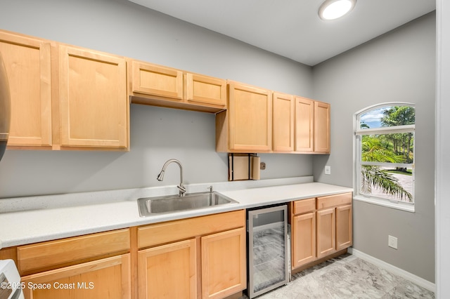 4070 S Tropical Trl, Merritt Island, FL 32952 - kitchen featuring wine cooler, a sink, and light brown cabinets