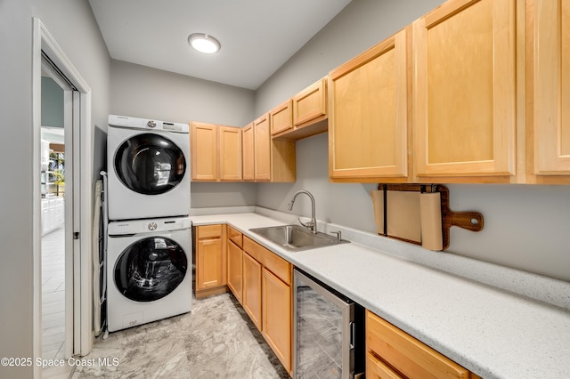 4070 S Tropical Trl, Merritt Island, FL 32952 - washroom with stacked washer and clothes dryer and wine cooler
