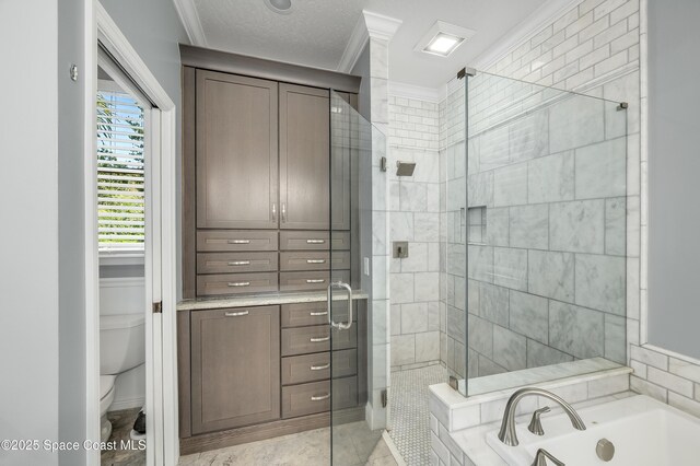 4070 S Tropical Trl, Merritt Island, FL 32952 - bathroom with a shower stall, a garden tub, toilet, crown molding, and tile patterned floors