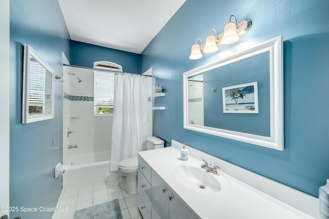 4070 S Tropical Trl, Merritt Island, FL 32952 - bathroom featuring toilet, tile patterned flooring, vanity, and shower / bath combo with shower curtain