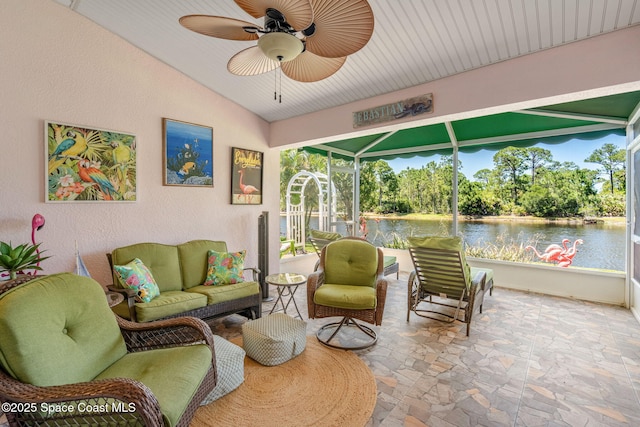 439 Briarcliff Cir, Sebastian, FL 32958 - sunroom / solarium with ceiling fan, vaulted ceiling, a water view, and outdoor lounge area