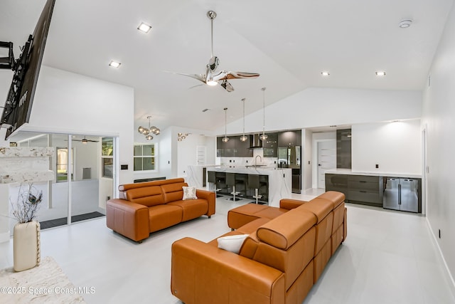 100 Martesia Way, Indian Harbour Beach, FL 32937 - living area featuring ceiling fan and high vaulted ceiling