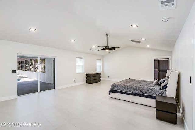 100 Martesia Way, Indian Harbour Beach, FL 32937 - bedroom with lofted ceiling, recessed lighting, access to outside, baseboards, and ceiling fan