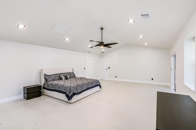 100 Martesia Way, Indian Harbour Beach, FL 32937 - bedroom featuring vaulted ceiling, recessed lighting, baseboards, and ceiling fan