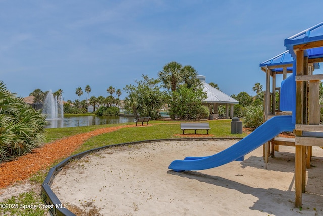 100 Martesia Way, Indian Harbour Beach, FL 32937 - view of jungle gym with a water view, a gazebo, and a lawn