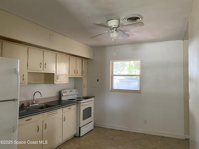 701 Lund Cir, Melbourne, FL 32901 - kitchen with white appliances, dark countertops, ceiling fan, and electric panel