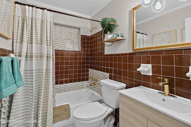 full bath featuring tile walls, ornamental molding, toilet, shower / tub combo, and vanity