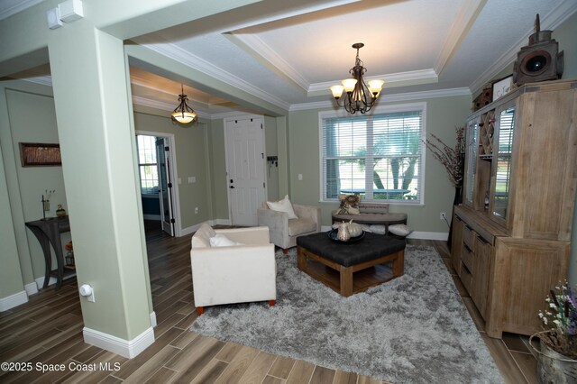 4407 Preservation Cir, Melbourne, FL 32934 - living room featuring a raised ceiling, wood finished floors, baseboards, and crown molding