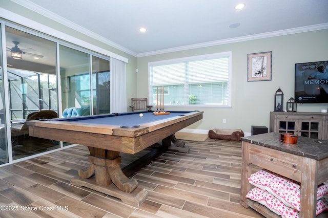 4407 Preservation Cir, Melbourne, FL 32934 - rec room with crown molding, wood tiled floors, baseboards, billiards, and healthy amount of natural light