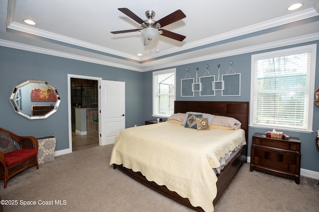 4407 Preservation Cir, Melbourne, FL 32934 - carpeted bedroom featuring a tray ceiling, baseboards, ornamental molding, recessed lighting, and a ceiling fan