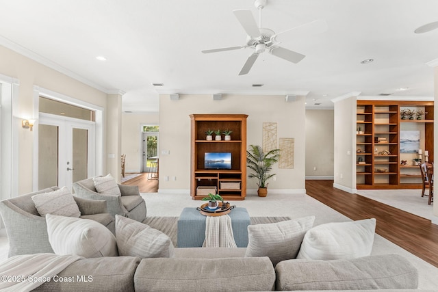 430 Monaco Dr, Indialantic, FL 32903 - living room featuring crown molding, french doors, recessed lighting, baseboards, and ceiling fan