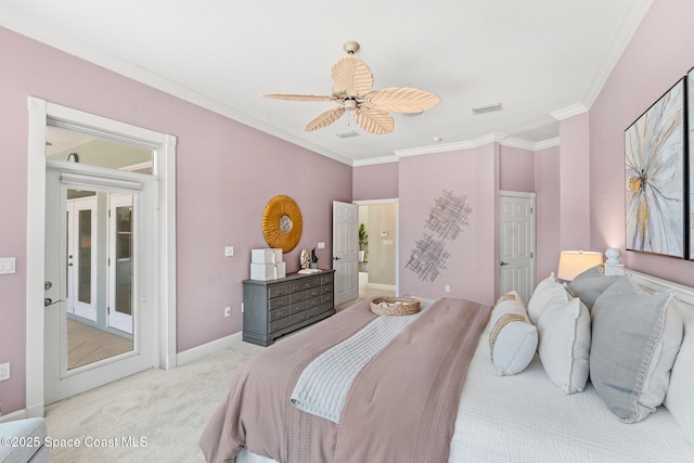 430 Monaco Dr, Indialantic, FL 32903 - carpeted bedroom with ornamental molding, access to exterior, a ceiling fan, and baseboards