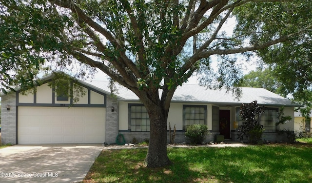 854 Custer St NW, Palm Bay, FL 32907 - view of front of home with brick siding, an attached garage, driveway, and a front lawn