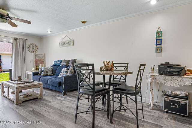 165 Escambia Ln Unit 502, Cocoa Beach, FL 32931 - living area featuring a ceiling fan, wood finished floors, crown molding, and a textured ceiling