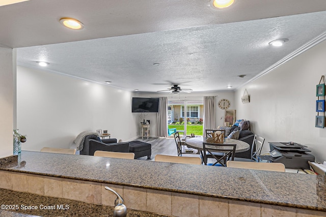 165 Escambia Ln Unit 502, Cocoa Beach, FL 32931 - living area featuring a textured ceiling, ornamental molding, a ceiling fan, and recessed lighting