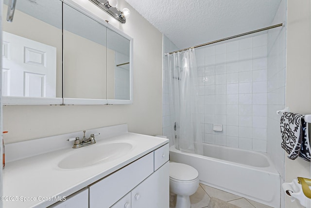 165 Escambia Ln Unit 502, Cocoa Beach, FL 32931 - bathroom featuring a textured ceiling, tile patterned flooring, shower / tub combo, vanity, and toilet