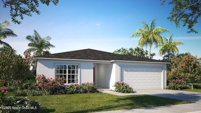 ranch-style home featuring stucco siding, a garage, driveway, and a front lawn