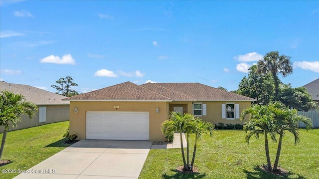 ranch-style house featuring a garage, stucco siding, driveway, and a front lawn