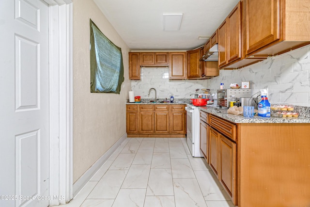 1049 Azalea Ln, Cocoa, FL 32922 - kitchen with under cabinet range hood, brown cabinetry, light marble finish floors, and white electric stove