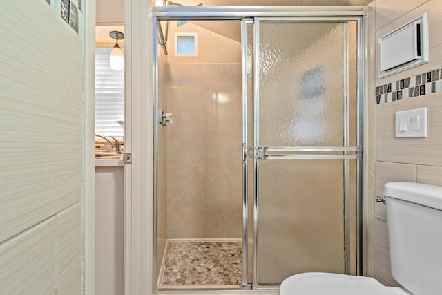 bathroom featuring toilet and a shower stall