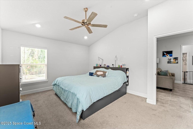 1041 Tupelo Cir, Cocoa, FL 32926 - carpeted bedroom featuring vaulted ceiling, baseboards, recessed lighting, and a ceiling fan