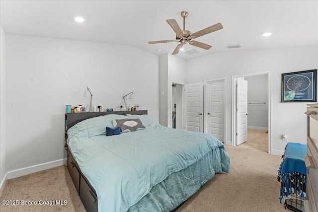 1041 Tupelo Cir, Cocoa, FL 32926 - bedroom with light colored carpet, baseboards, lofted ceiling, recessed lighting, and a ceiling fan