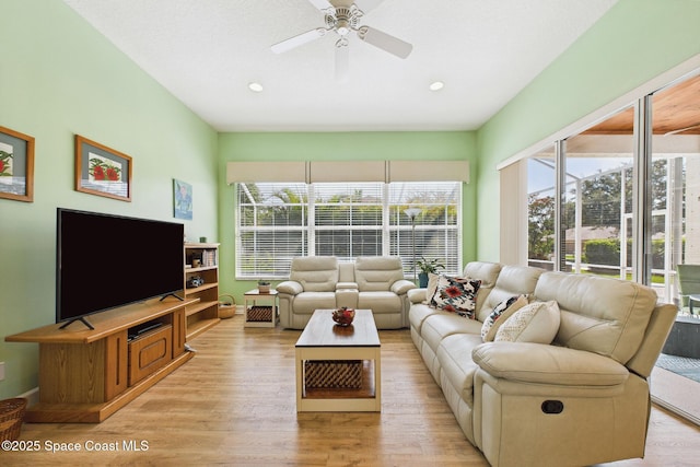 1737 Windbrook Dr SE, Palm Bay, FL 32909 - living area with plenty of natural light, a ceiling fan, light wood-style flooring, and recessed lighting