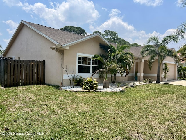 845 Hunters Creek Dr, Melbourne, FL 32904 - view of front of house with an attached garage, stucco siding, driveway, and roof with shingles