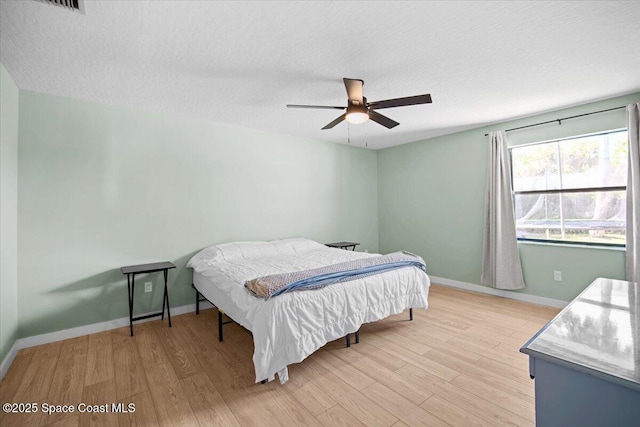 1709 Palm Ridge Rd, Melbourne, FL 32935 - bedroom with light wood finished floors, a textured ceiling, baseboards, and ceiling fan